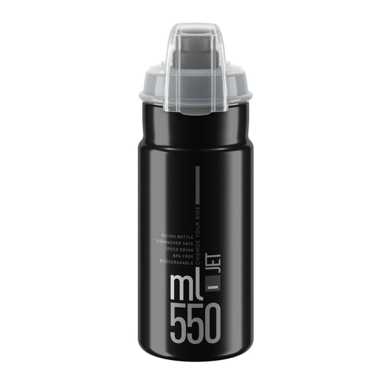 Cyklistická fľaša ELITE Jet Plus 550 ml – Čierna so sivým logom – Bez BPA, rozložiteľná, ultraľahká – Cestná, MTB, Gravel