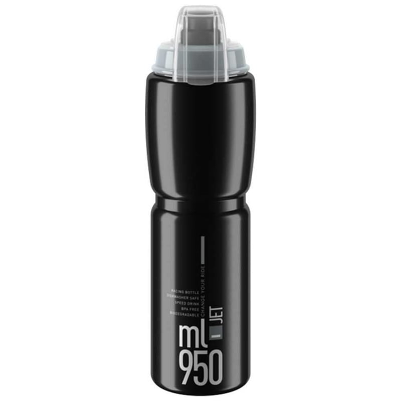 Cyklistická fľaša ELITE Jet Plus 950 ml čierna so sivým logom, bez BPA, biologicky rozložiteľná, vhodná na MTB, gravel a cestnú cyklistiku