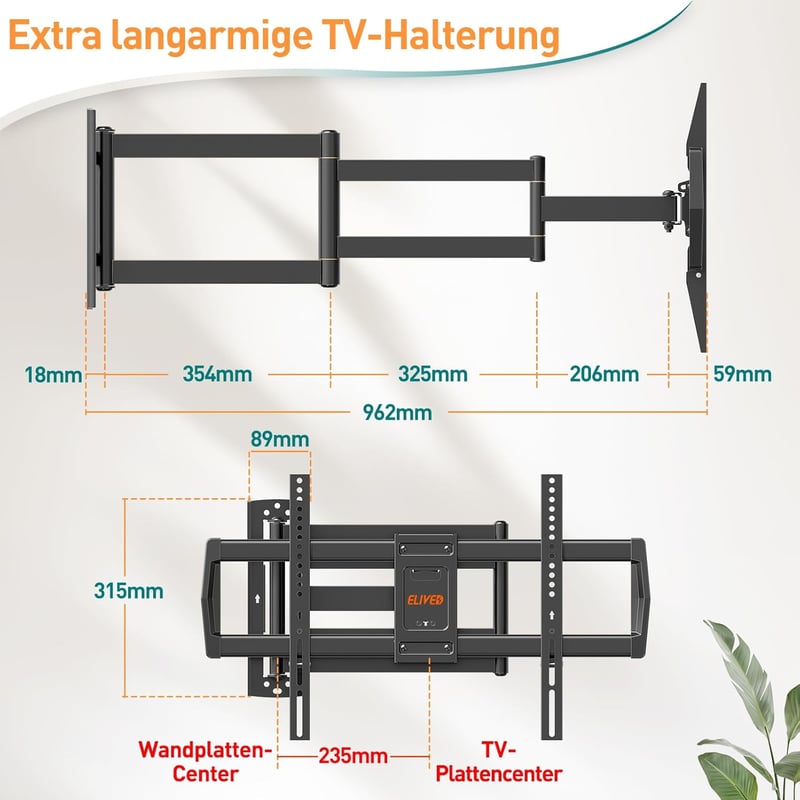 ELIVED 42-75 colos TV tartó fali konzol, teljes mozgású, 45 kg terhelhetőség