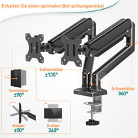 ELIVED Dupla Monitortartó Kar 13-32" Képernyőkhöz, Gázrugós, 9kg Teherbírás, 360° Forgatható, VESA 75/100, Állítható Magasság, Asztali Rögzí 3