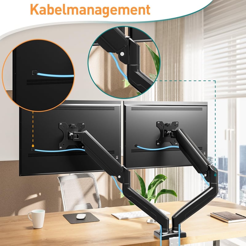 ELIVED Dupla Monitortartó Kar 13-32" Képernyőkhöz, Gázrugós, 9kg Teherbírás, 360° Forgatható, VESA 75/100, Állítható Magasság, Asztali Rögzí