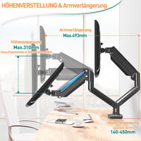 ELIVED Dupla Monitortartó Kar 13-32" Képernyőkhöz, Gázrugós, 9kg Teherbírás, 360° Forgatható, VESA 75/100, Állítható Magasság, Asztali Rögzí 4