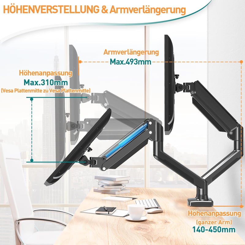 ELIVED Dupla Monitortartó Kar 13-32" Képernyőkhöz, Gázrugós, 9kg Teherbírás, 360° Forgatható, VESA 75/100, Állítható Magasság, Asztali Rögzí
