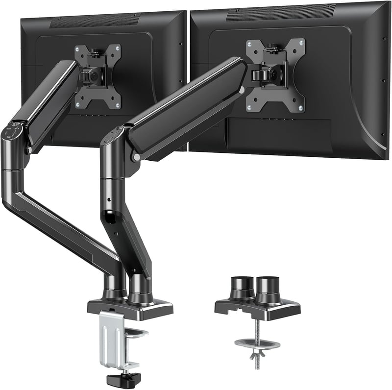 ELIVED Dupla Monitortartó Kar 13-32" Képernyőkhöz, Gázrugós, 9kg Teherbírás, 360° Forgatható, VESA 75/100, Állítható Magasság, Asztali Rögzí