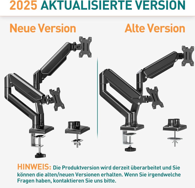 ELIVED Dupla Monitortartó Kar 13-32" Képernyőkhöz, Gázrugós, 9kg Teherbírás, 360° Forgatható, VESA 75/100, Állítható Magasság, Asztali Rögzí