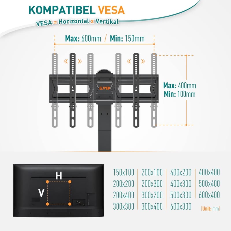 ELIVED EV017 forgó TV állvány 37-70 colos tévéhez, 40 kg terhelhetőség, VESA 600x400