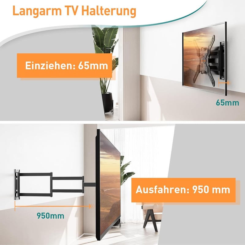 ELIVED EV3018 hosszú karos TV fali tartó 26-65 colos tévéhez, 950 mm nyújtható, max 35 kg