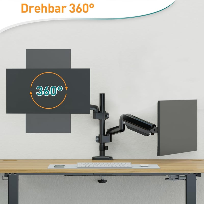 ELIVED EV6032 Dupla Monitortartó Kar 13-32 Colos Képernyőkhöz, VESA 75/100, Gázrugós, 360° Forgatható, 9kg/Kar Teherbírás, Állítható Magassá
