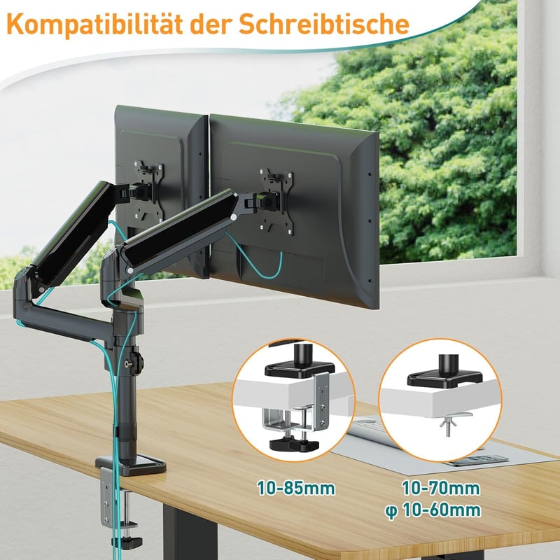 ELIVED EV6032 Dupla Monitortartó Kar 13-32 Colos Képernyőkhöz, VESA 75/100, Gázrugós, 360° Forgatható, 9kg/Kar Teherbírás, Állítható Magassá