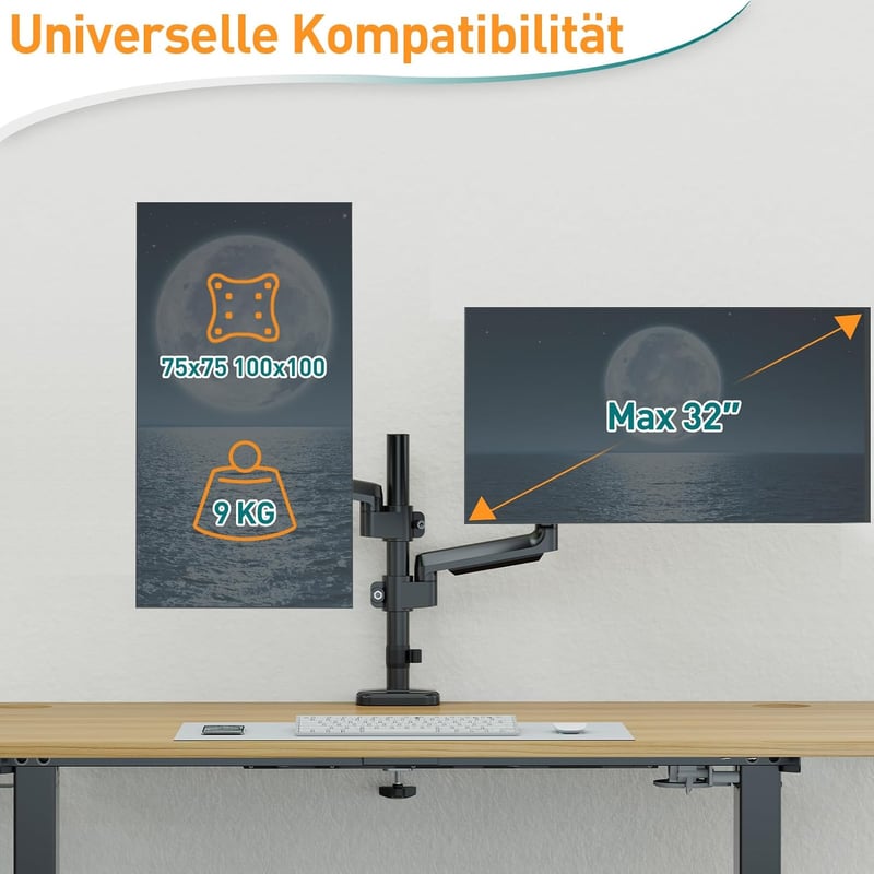 ELIVED EV6032 Dupla Monitortartó Kar 13-32 Colos Képernyőkhöz, VESA 75/100, Gázrugós, 360° Forgatható, 9kg/Kar Teherbírás, Állítható Magassá