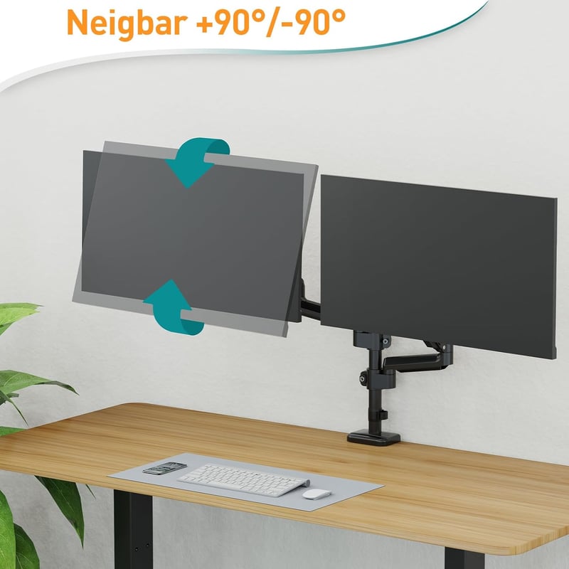 ELIVED EV6032 Dupla Monitortartó Kar 13-32 Colos Képernyőkhöz, VESA 75/100, Gázrugós, 360° Forgatható, 9kg/Kar Teherbírás, Állítható Magassá