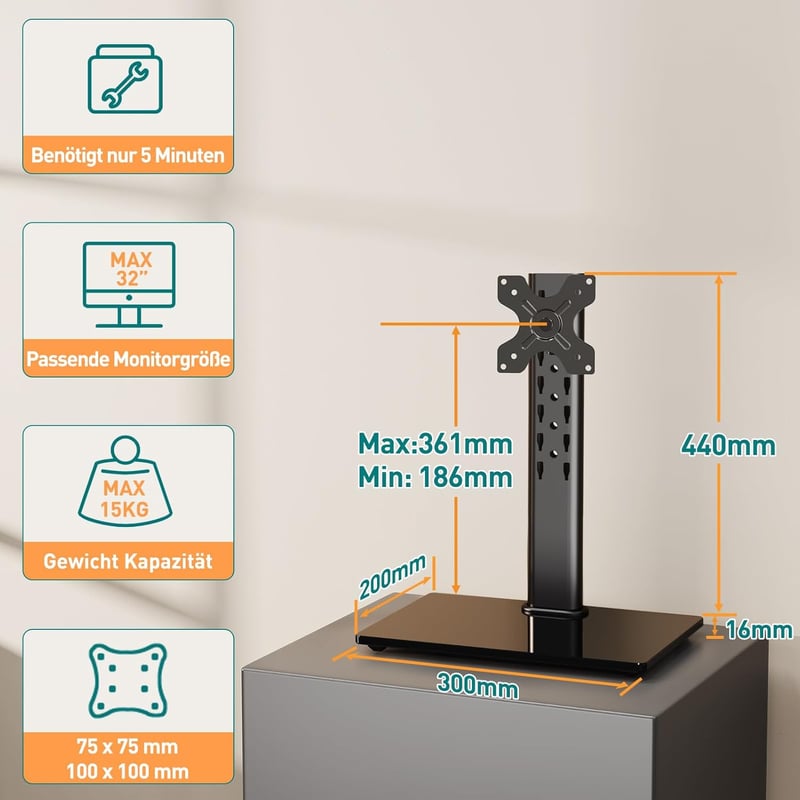 ELIVED Monitor Állvány 13-32 Hüvelyk Képernyőkhöz 15kg-ig, Asztali Monitorkar 360° Forgatható 90° Döntés VESA 75/100mm