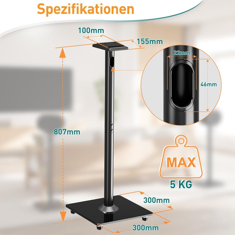 ELIVED Sonos Era 300 hangfal állvány, 80,7 cm magas, üveg alappal, fekete, pár
