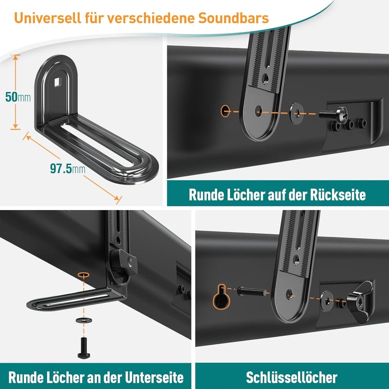 ELIVED Soundbar Tartó Konzol TV-hez 6,8 kg-ig, Állítható Fali Rögzítő Szerelőeszköz Nélkül, Kivehető Karokkal EV5010