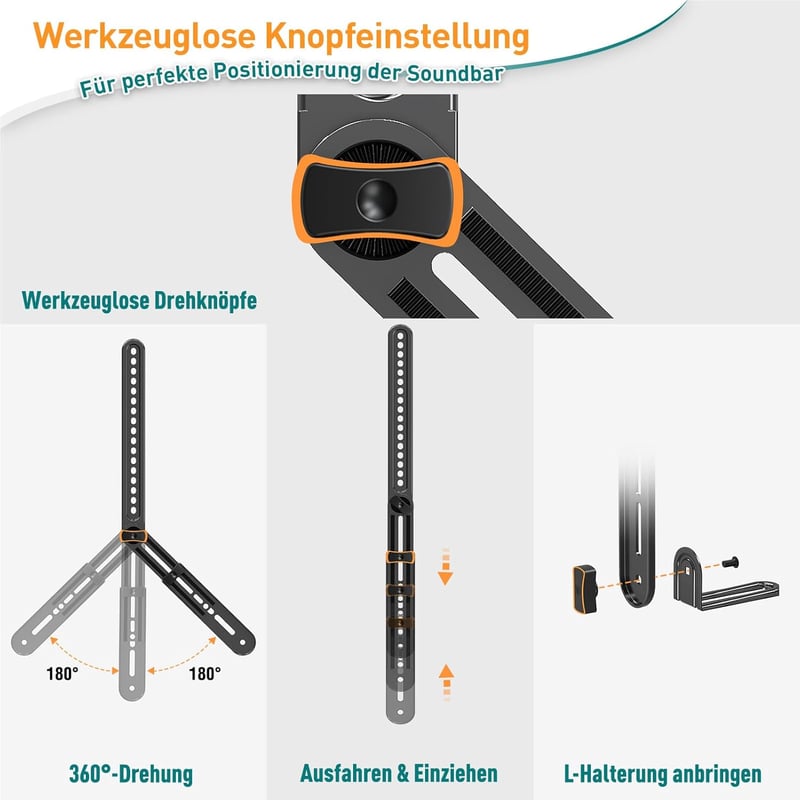 ELIVED Soundbar Tartó Konzol TV-hez 6,8 kg-ig, Állítható Fali Rögzítő Szerelőeszköz Nélkül, Kivehető Karokkal EV5010