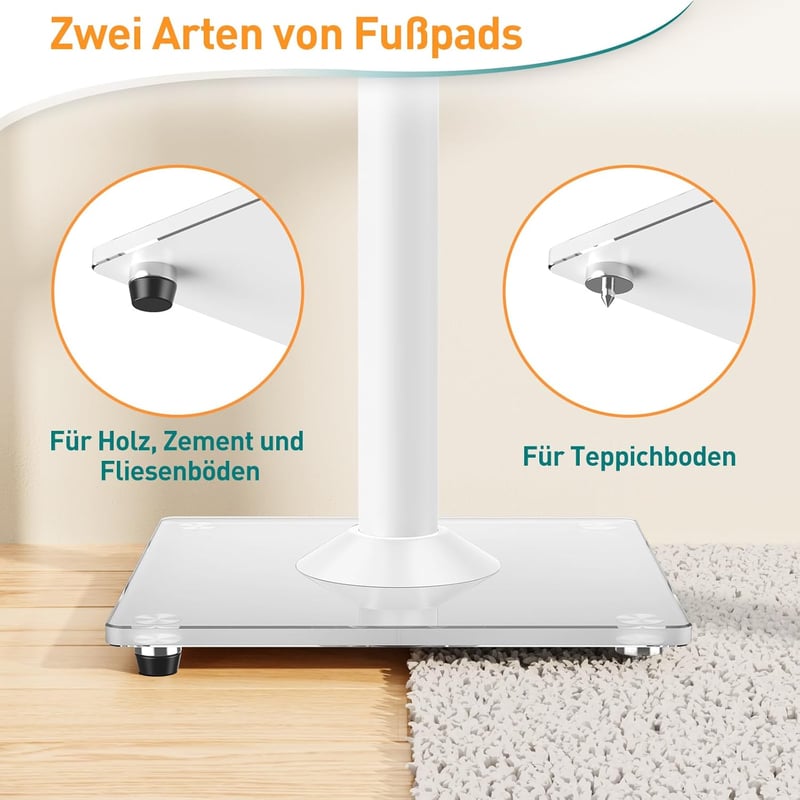 ELIVED Univerzális Hangfal Állvány Állítható 95 cm Magasságig, Üvegalappal és Kábelvezető Csatornával, 10 kg Terhelhetőség, Fehér, Pár - Weiß mit verstellbarer Höhe