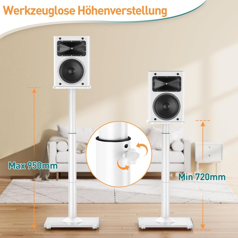 ELIVED Univerzális Hangfal Állvány Állítható 95 cm Magasságig, Üvegalappal és Kábelvezető Csatornával, 10 kg Terhelhetőség, Fehér, Pár - Weiß mit verstellbarer Höhe