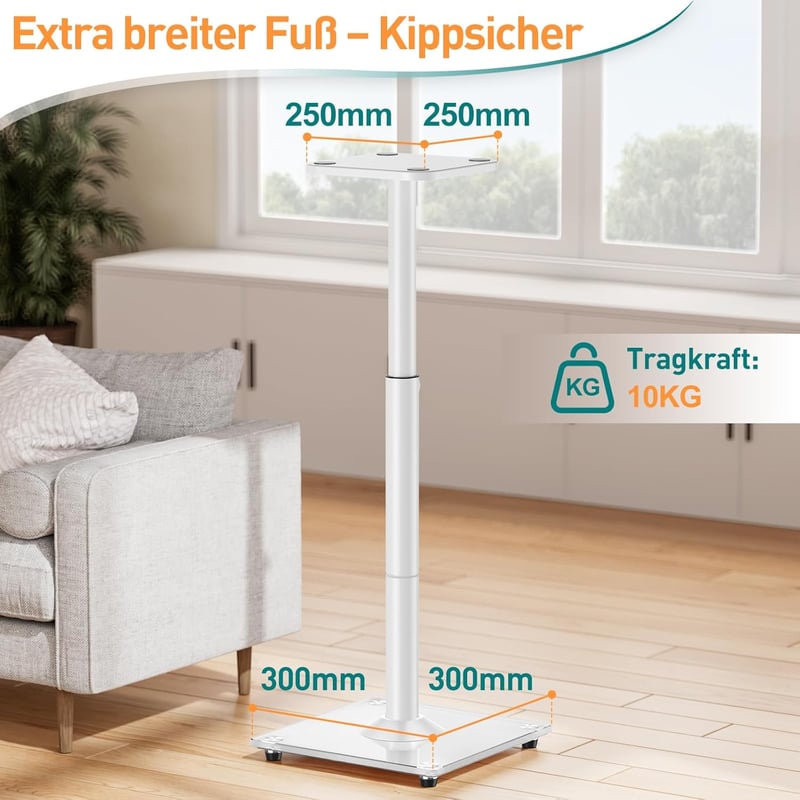 ELIVED Univerzális Hangfal Állvány Állítható 95 cm Magasságig, Üvegalappal és Kábelvezető Csatornával, 10 kg Terhelhetőség, Fehér, Pár - Weiß mit verstellbarer Höhe