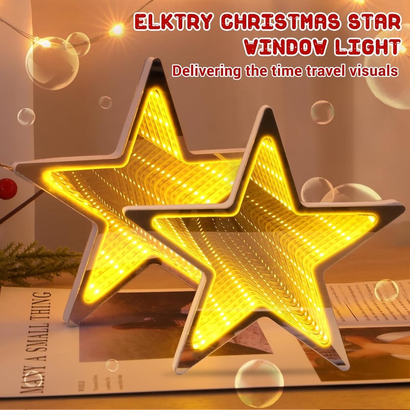 ELKTRY 54 LED csillag karácsony ablak dekoráció, meleg fehér 3D végtelen tükör lámpa, elemmel működő időzítővel