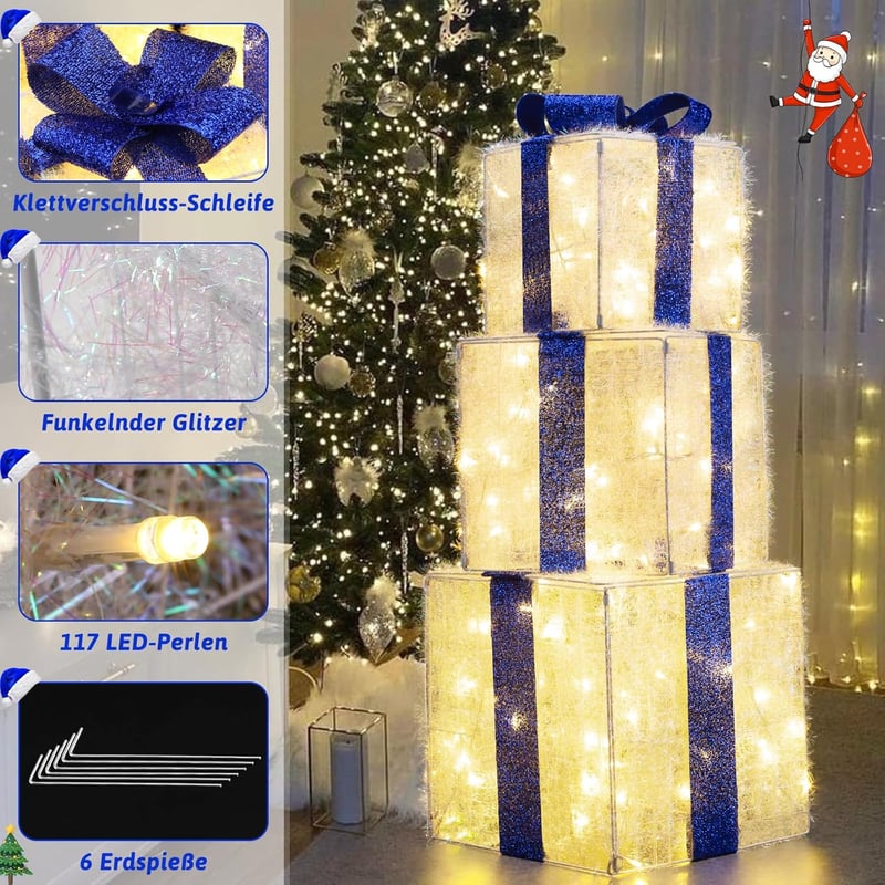ELKTRY XXL 30 cm LED ajándékdoboz szett 3 db, 117 LED, kék, összecsukható, időzítővel, kültéri beltéri karácsony dekoráció