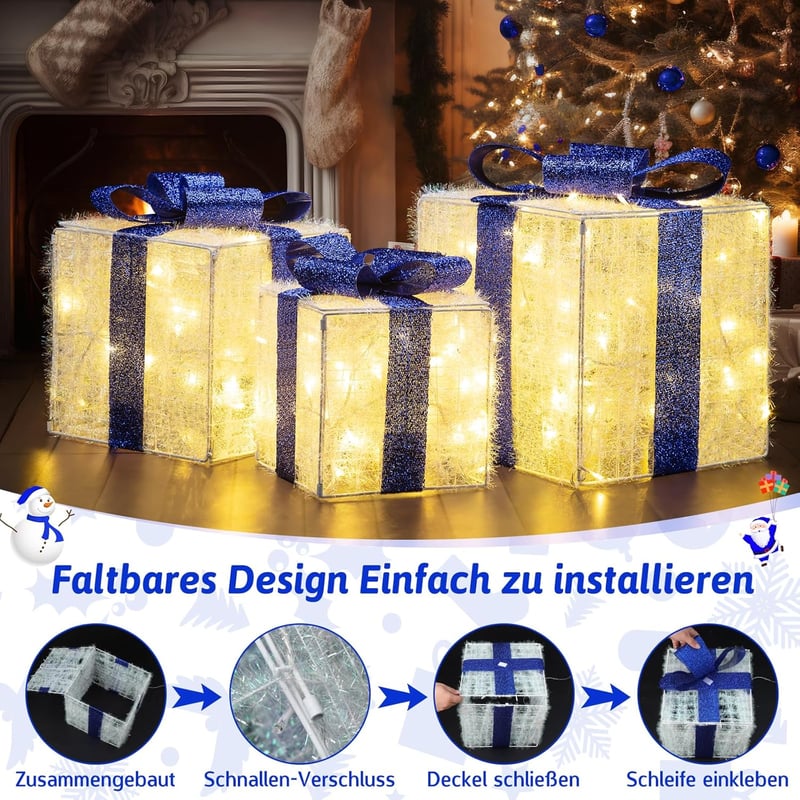 ELKTRY XXL 30 cm LED ajándékdoboz szett 3 db, 117 LED, kék, összecsukható, időzítővel, kültéri beltéri karácsony dekoráció