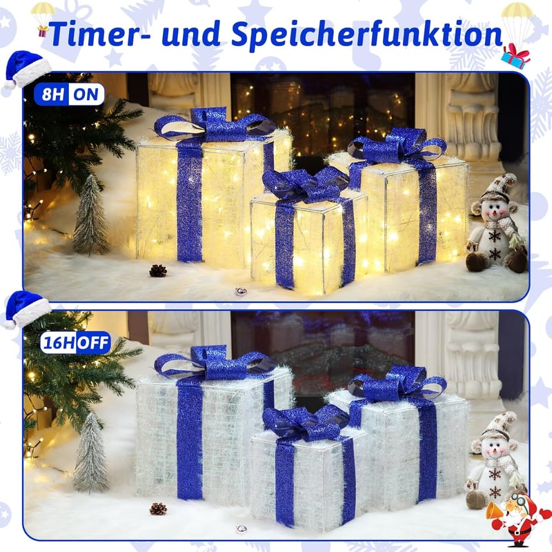 ELKTRY XXL 30 cm LED ajándékdoboz szett 3 db, 117 LED, kék, összecsukható, időzítővel, kültéri beltéri karácsony dekoráció