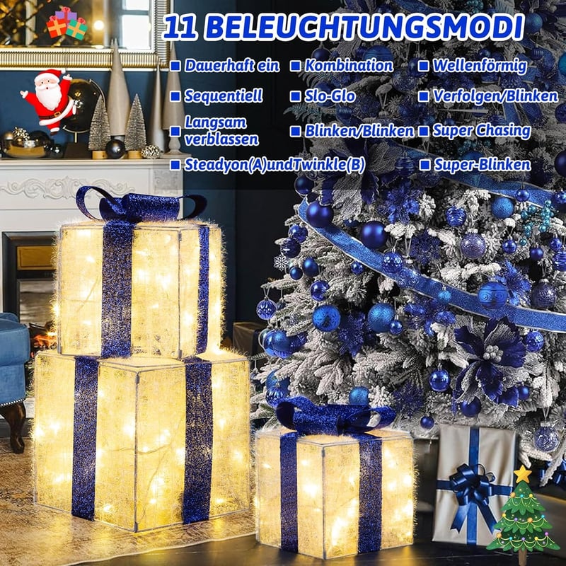 ELKTRY XXL 30 cm LED ajándékdoboz szett 3 db, 117 LED, kék, összecsukható, időzítővel, kültéri beltéri karácsony dekoráció