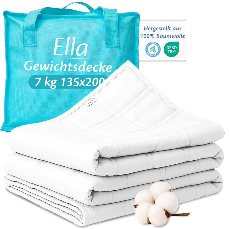Záťažová deka Ella 135x200 cm, 7 kg, biela, 100 % bavlna, terapeutická deka na odbúranie stresu pre hlboký spánok, vhodná pre telesnú hmotnosť 55-85 kg, pre mužov a ženy
