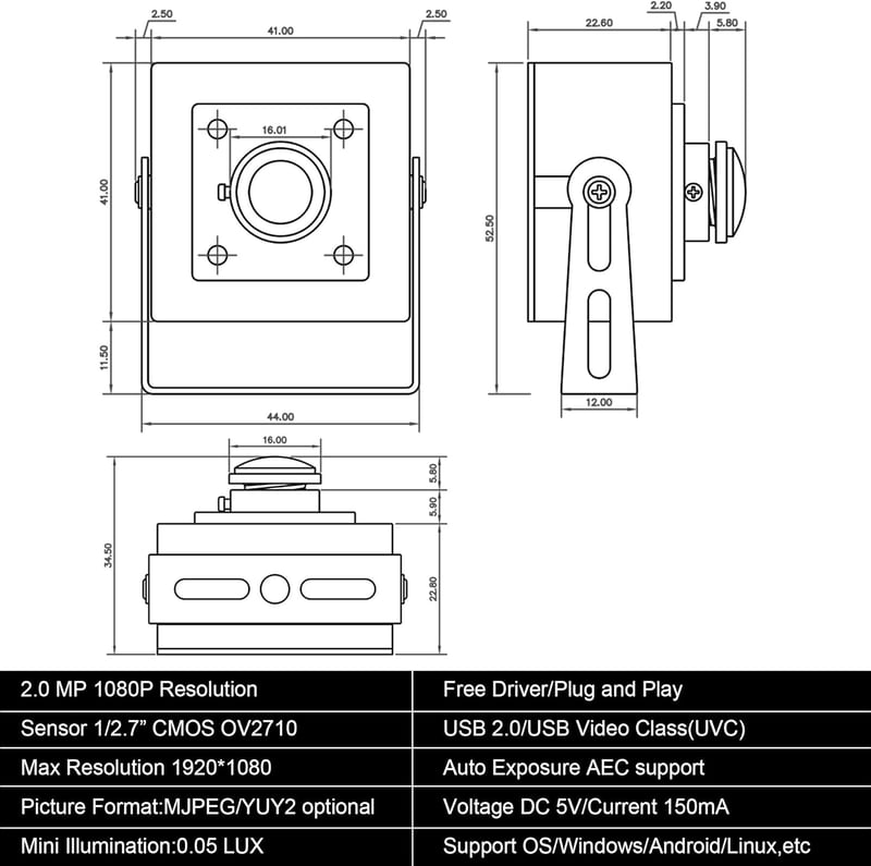 ELP 1080P Full HD Webkamera USB 2.0 100fps OTG Android Windows Linux Mac kompatibilis