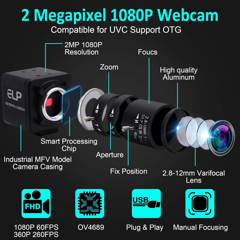 ELP 1080P USB Webkamera 2.8-12mm Zoom Lencse, 60fps Széles Látószög Ipari Kamera