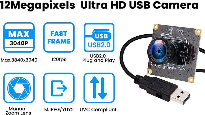 ELP 12MP 120fps USB Kamera Modul 4K Golfütés Ipari Lencse 110° Plug and Play