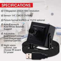 ELP 5MP USB Webkamera 2592x1944 Felbontással - 3.6mm Lencsés Fekete Alumínium Ház - Windows, Linux, Mac Kompatibilis Plug & Play Kamera 4