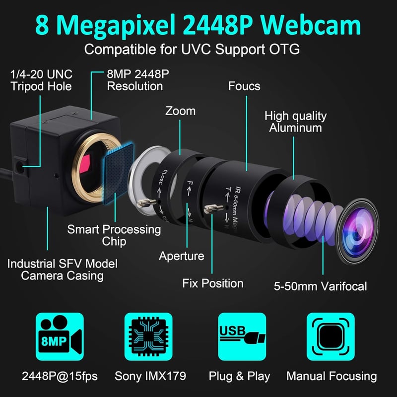 ELP 8MP USB Webkamera 2448P Manuális Zoom Objektívvel Mac/Windows/Linux Kompatibilis