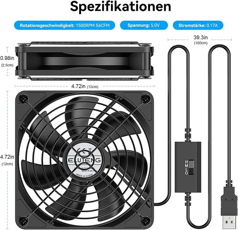 ELUTENG USB ventilátor 3 fokozatú sebességgel, csendes hűtőventilátor PC-hez
