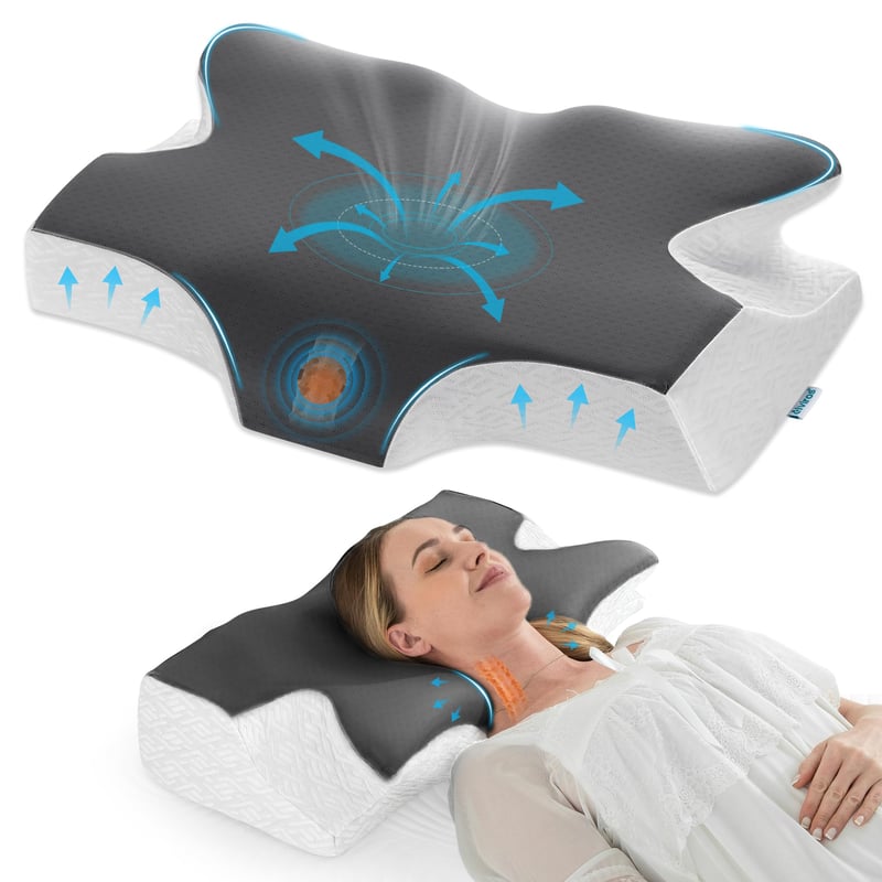 Ergonomický vankúš pod krk z pamäťovej peny Elviros pre spánok na boku, s chladivým odnímateľným poťahom, ideálna opora krku aj pri spánku na chrbte a na bruchu
