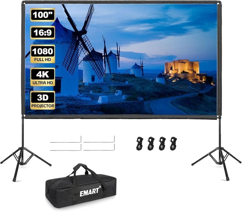 EMART 100 colos hordozható kivetítővászon állvánnyal 16:9 4K vetítővászon, hordtáskával otthoni mozi, színház, buli