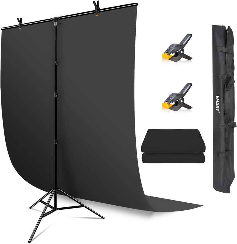 EMART T-alakú Fekete Fotó Háttér Állvánnyal 1,5 x 2,6 m - Stúdió Szett Streameléshez, Videózáshoz, Fotózáshoz, 2 Háttérrögzítő Csipesszel
