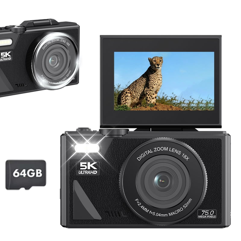 Digitálny fotoaparát EMEBAY 5K 75MP so 64GB kartou, 18x zoomom, 3-palcovou výklopnou obrazovkou, stabilizáciou obrazu, selfie kamera pre začiatočníkov a tínedžerov