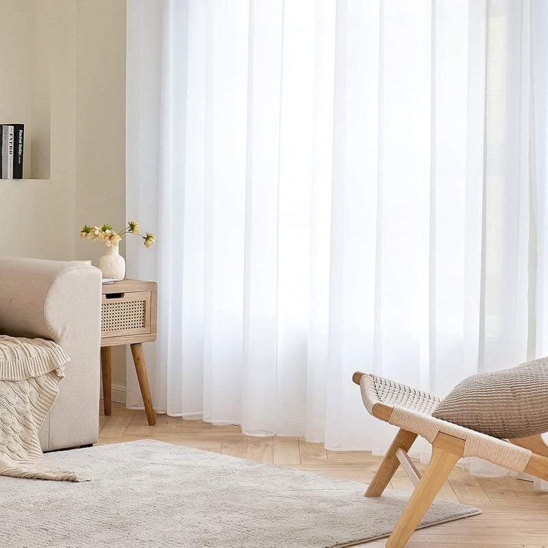 EMEMA Áttetsző Voile Függöny Szett 2 db Fémkarikás Fehér Poliészter Függöny Nappali Hálószoba Dekoráció 140x145 cm Mosható