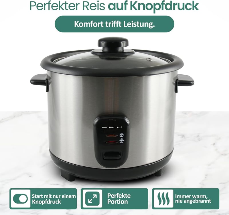 EMERIO 1,5L Automata Rizsfőző Eco Üzemmóddal, Rozsdamentes Acél, Üvegfedél
