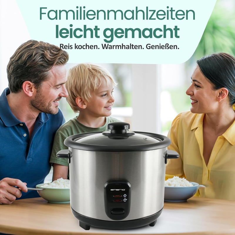 EMERIO 1,5L Automata Rizsfőző Eco Üzemmóddal, Rozsdamentes Acél, Üvegfedél