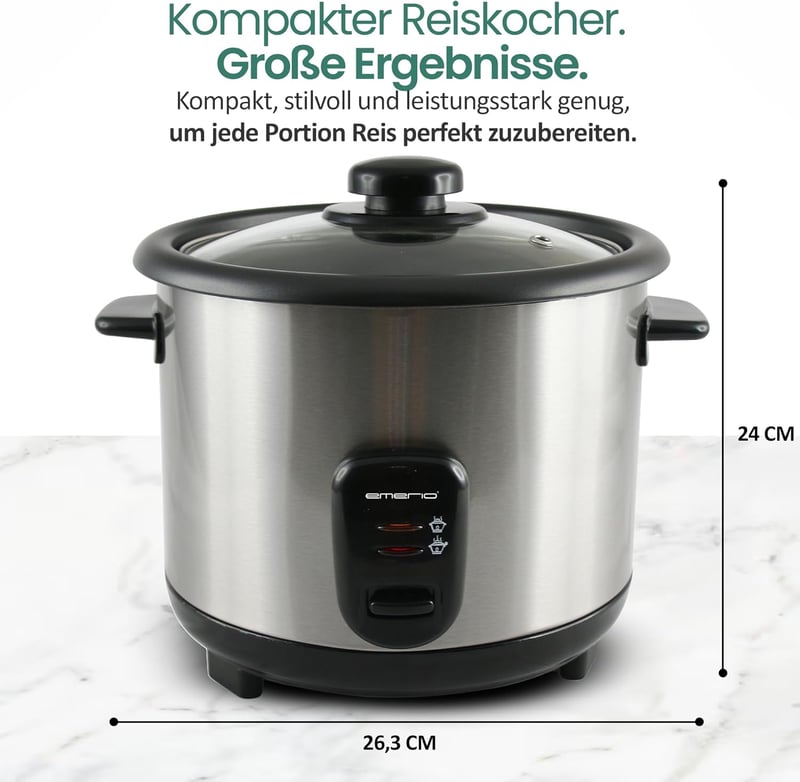 EMERIO 1,5L Automata Rizsfőző Eco Üzemmóddal, Rozsdamentes Acél, Üvegfedél