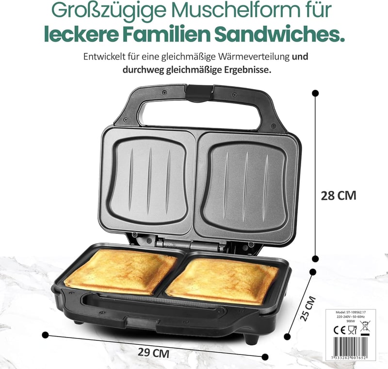 Emerio XXL szendvicssütő nagy kenyérhez, BPA-mentes, 900W, könnyen tisztítható