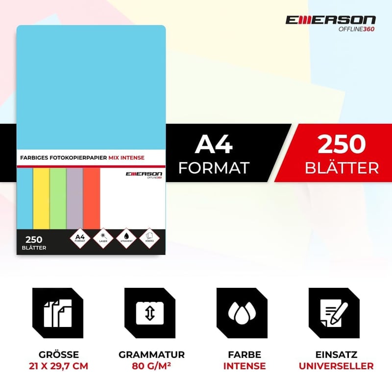 Emerson Intenzív Színes Nyomtatópapír A4 80g 250 Lap Lézer Tintasugaras Fénymásoló - 250 Blatt, Blend of intense colours