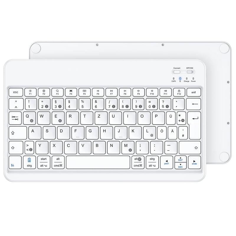 Nemecká Bluetooth QWERTZ klávesnica Emetok pre iPad/iPhone/Samsung/Android zariadenia - Ultratenká, nabíjateľná, bezdrôtová, biela