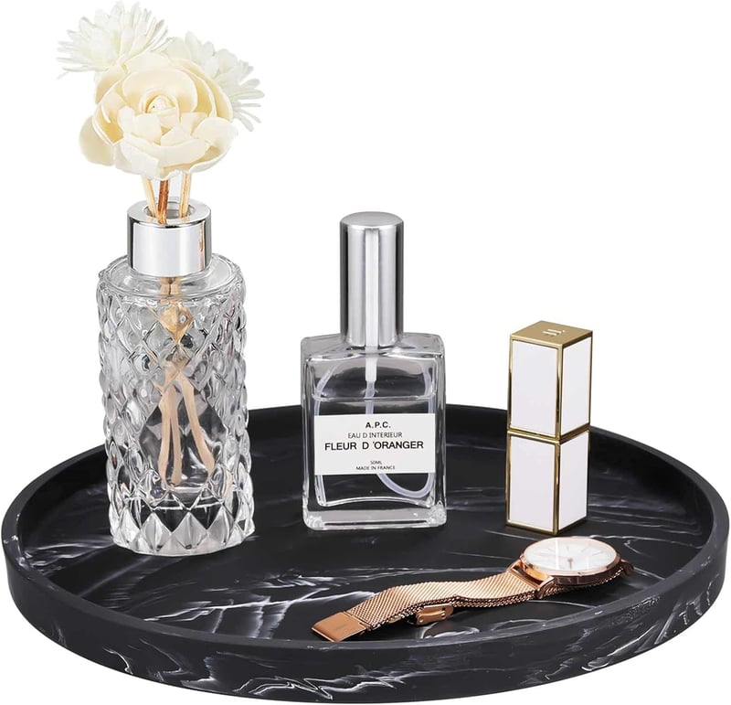 Tăviță rotundă Emibele Matt, din rășină și ceramică, negru mat, pentru cosmetice și bijuterii, potrivită pentru lavoar sau rezervor de toaletă