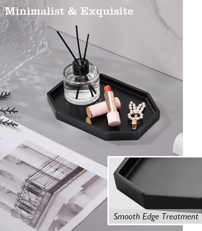 Tavă Octogonală din Rășină Emibele - Negru Mat, Organizator Cosmetic și Bijuterii, Depozitare pentru Baie, Organizator Mic pentru Machiaj