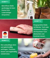 Emma Grün Bőrtisztító és Ápolószer Szett Autóhoz - Valódi és Műbőr Tisztítás Alcantara Ülésekhez - Economy Set - Lotion 250 ml & Cleaner 500 ml 6