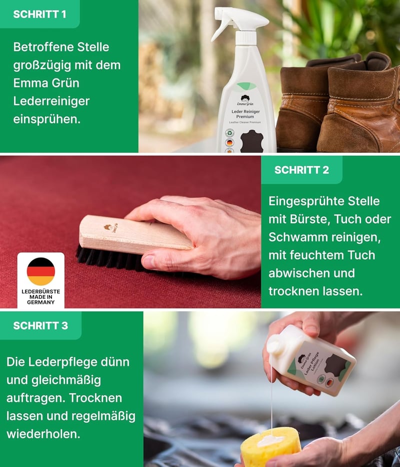 Emma Grün Bőrtisztító és Ápolószer Szett Autóhoz - Valódi és Műbőr Tisztítás Alcantara Ülésekhez - Economy Set - Lotion 250 ml & Cleaner 500 ml