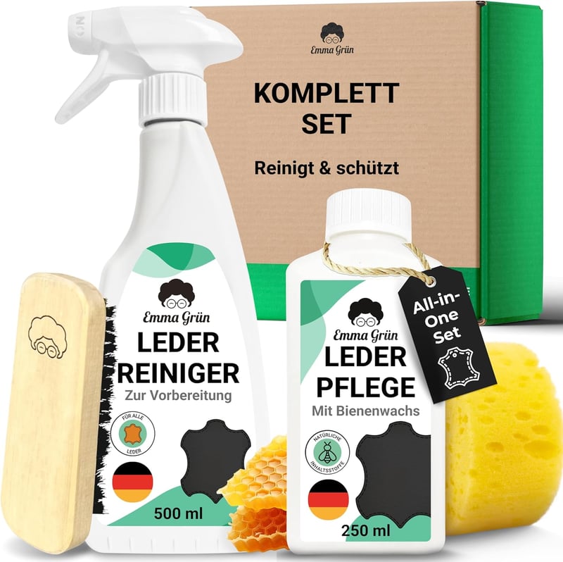 Emma Grün Bőrtisztító és Ápolószer Szett Autóhoz - Valódi és Műbőr Tisztítás Alcantara Ülésekhez - Economy Set - Lotion 250 ml & Cleaner 500 ml